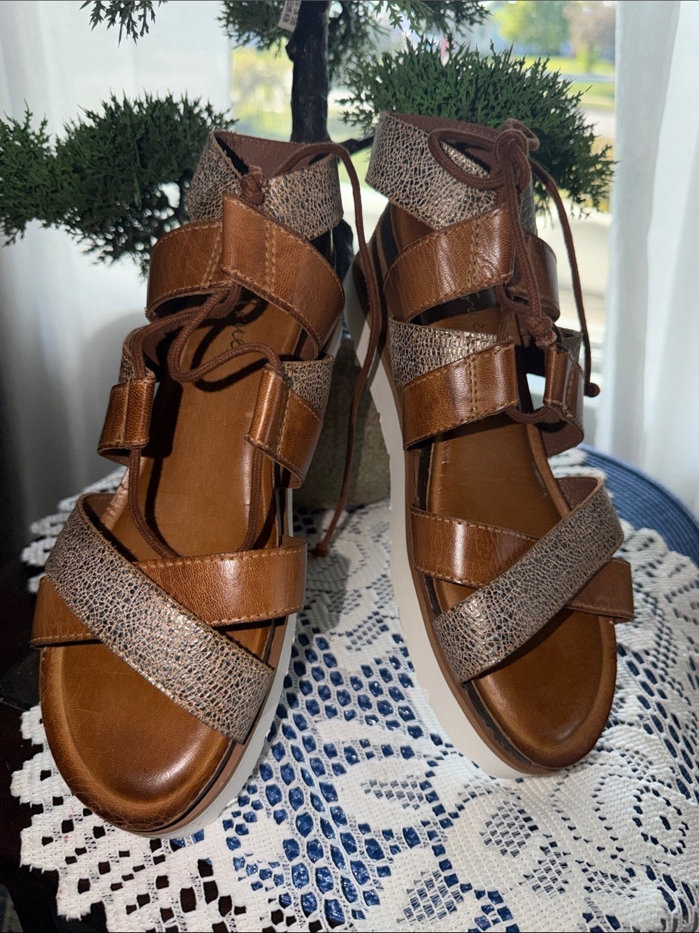Brown Lace-Up Strappy Sandals with Textured Accents